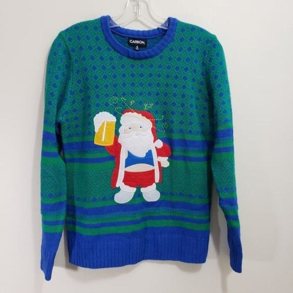 Carbon ugly Christmas sweater‎ with drunk Santa Claus holding a beer men's small